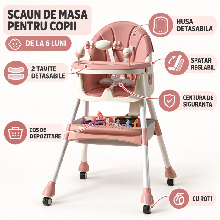 Scaun de Masa pe Roti pentru Copii, Flippy, 2 Tavite si Husa Detasabile, Multifuncțional, Stabil, Centura de Siguranta, Spatar Reglabil Moale, Cos de Depozitare, de la 6 Luni, Roz [10]