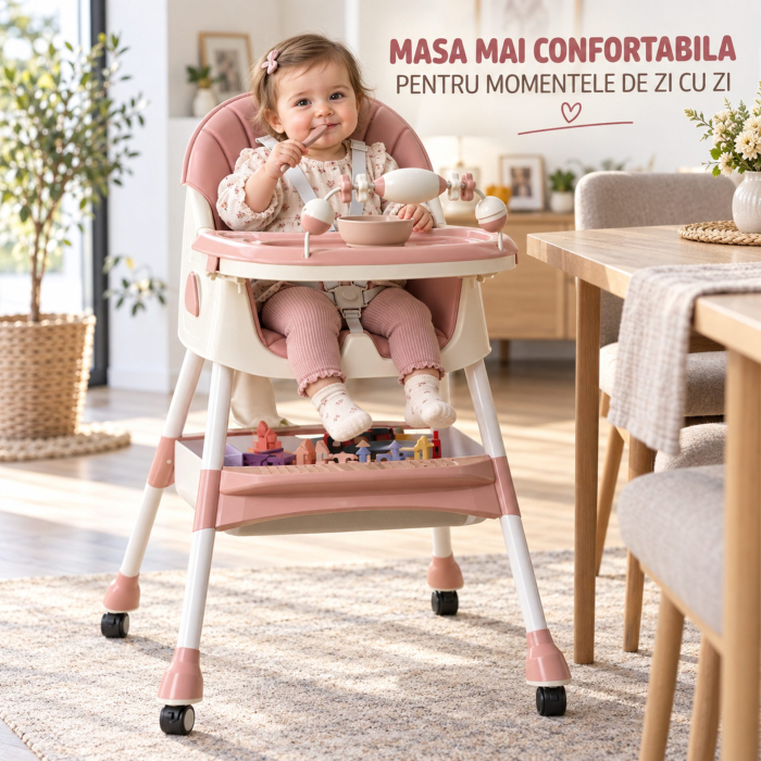 Scaun de Masa pe Roti pentru Copii, Flippy, 2 Tavite si Husa Detasabile, Multifuncțional, Stabil, Centura de Siguranta, Spatar Reglabil Moale, Cos de Depozitare, de la 6 Luni, Roz [2]