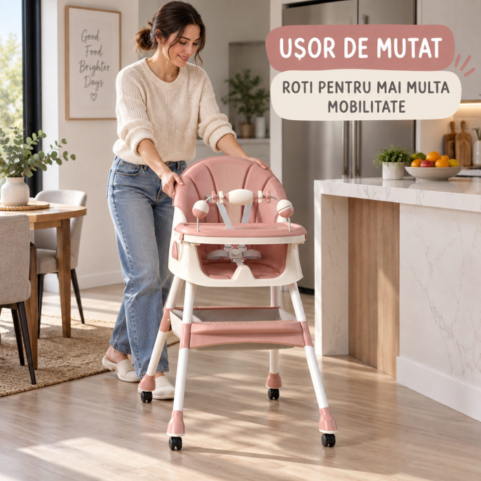 Scaun de Masa pe Roti pentru Copii, Flippy, 2 Tavite si Husa Detasabile, Multifuncțional, Stabil, Centura de Siguranta, Spatar Reglabil Moale, Cos de Depozitare, de la 6 Luni, Roz [6]
