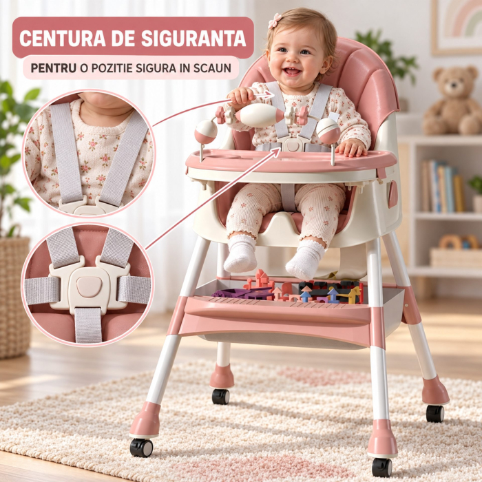 Scaun de Masa pe Roti pentru Copii, Flippy, 2 Tavite si Husa Detasabile, Multifuncțional, Stabil, Centura de Siguranta, Spatar Reglabil Moale, Cos de Depozitare, de la 6 Luni, Roz [3]