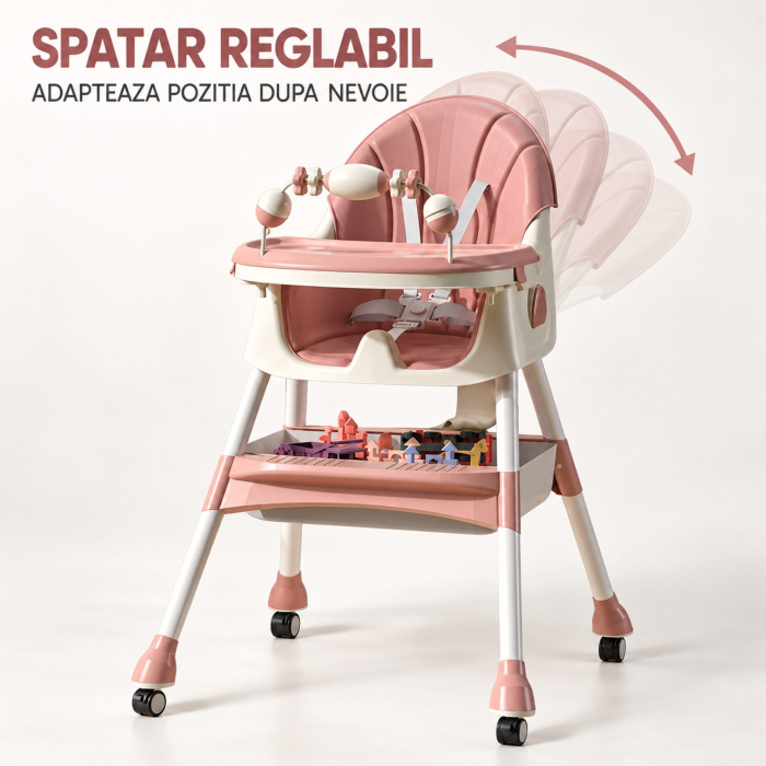 Scaun de Masa pe Roti pentru Copii, Flippy, 2 Tavite si Husa Detasabile, Multifuncțional, Stabil, Centura de Siguranta, Spatar Reglabil Moale, Cos de Depozitare, de la 6 Luni, Roz [5]