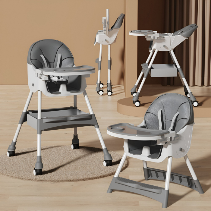 Scaun de Masa pentru Bebelusi si Copii, Flippy, cu Roti, Telescopic, Pliabil, Masuta Reglabila, Suport Picioare, Scaun cu Invelis Piele Artificiala, Centura Siguranta, Spatiu Depozitare, 97x73x65 cm,  [3]