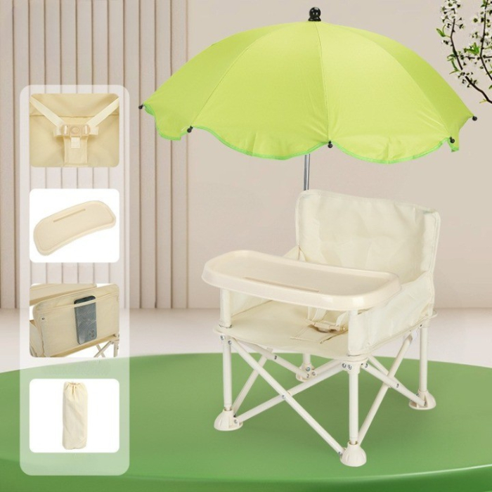 Scaun de Masa pentru Bebelusi si Copii, Flippy, Tavita si Husa Detasabile, Multifuncțional, Stabil, Centura de Siguranta, Cos de Depozitare, Bej, cu Umbrela Verde, de la 6 Luni [2]