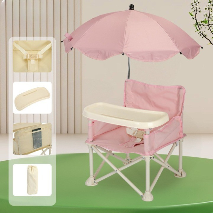Scaun de Masa pentru Bebelusi si Copii, Flippy, Tavita si Husa Detasabile, Multifuncțional, Stabil, Centura de Siguranta, Cos de Depozitare, Roz, cu Umbrela Roz, de la 6 Luni [2]
