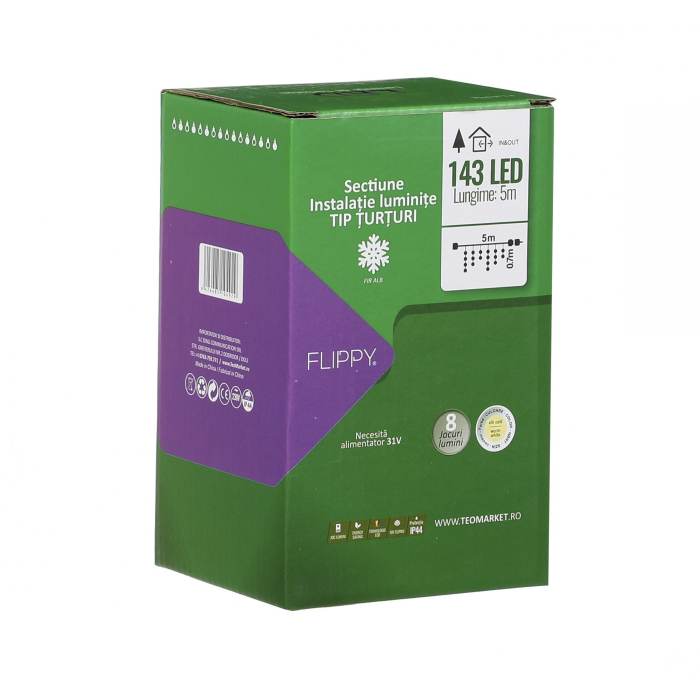 Sectiune de Craciun Flippy® Tip Turturi, 8 jocuri de lumini Sectiu 5 m, 143 LED-uri, Interconectabila, Fir Alb, Alb Cald [1]