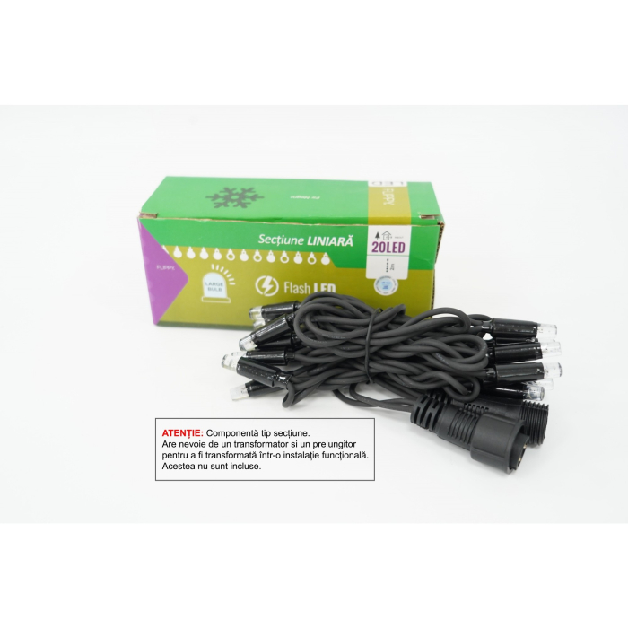 Sectiune Instalatie de Craciun Flippy Tip Liniara, cu Flash, 2 m, 20 LED-uri, Interconectabila, Fir Negru, Alb-Rece, Atentie! nu contine Alimentator [1]