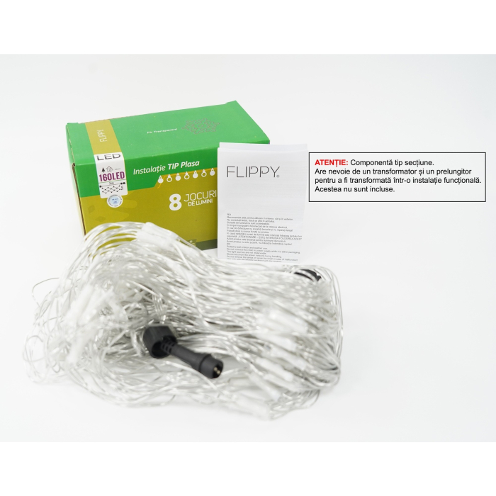 Sectiune Instalatie de Craciun Flippy, Tip Plasa, 160 LED-uri, 3 m x 1 m, 8 jocuri de lumini, Interconectabila, Fir transparent, Alb rece [1]