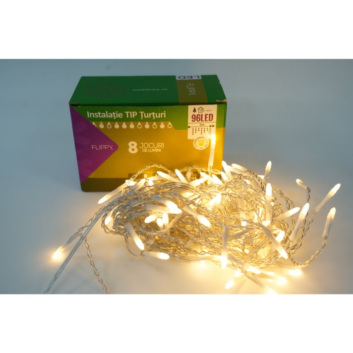 Sectiune Instalatie de Craciun Flippy® Tip Turturi, 8 jocuri de lumini 3 m, 96 LED-uri, Interconectabila, Fir Transparent, Alb Cald, Atentie! nu contine alimentator [1]