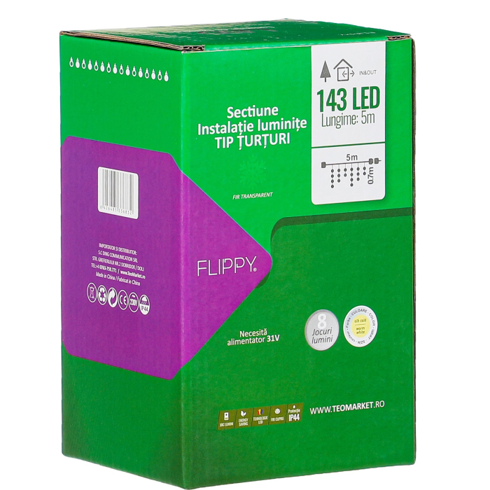 Sectiune Instalatie de Craciun, Flippy®, Tip Turturi, Fara Alimentator, 5m, 143 LED-uri, 8 Jocuri de Lumini, Fir Transparent, Lumina Alb Cald, IP44, Interconectabila [1]