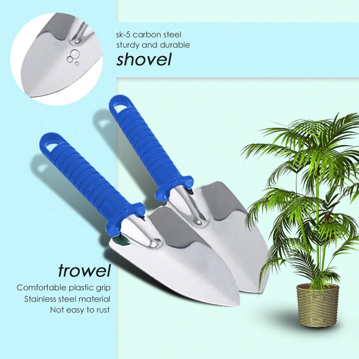 Set 10 Unelte de Gradina, Flippy, pentru Plantare Prelucrare Sol si Ingrijire Plante, Manere Albastre, Material PVC si Otel Inoxidabil, Cutie Inclusa, 37x28x7 cm, Negru [5]