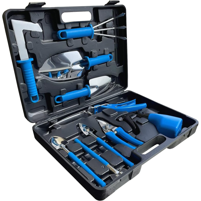Set 10 Unelte de Gradina, Flippy, pentru Plantare Prelucrare Sol si Ingrijire Plante, Manere Albastre, Material PVC si Otel Inoxidabil, Cutie Inclusa, 37x28x7 cm, Negru [11]