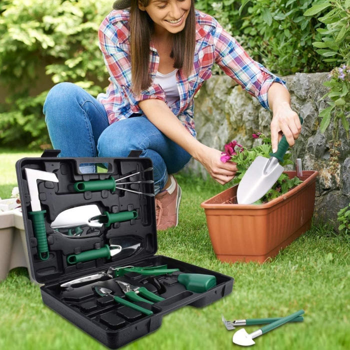 Set 10 Unelte de Gradina, Flippy, pentru Plantare Prelucrare Sol si Ingrijire Plante, Manere Verzi, Material PVC si Otel Inoxidabil, Cutie Inclusa, 37x28x7 cm, Negru [2]