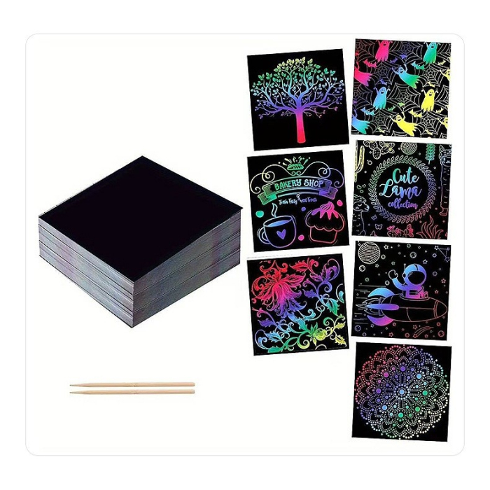 Set 100 de Foi de Hartie de Razuit, Flippy, cu Creion din Bambus, pentru Desen, 8.5 x 8.5, Curcubeu, Negru [1]