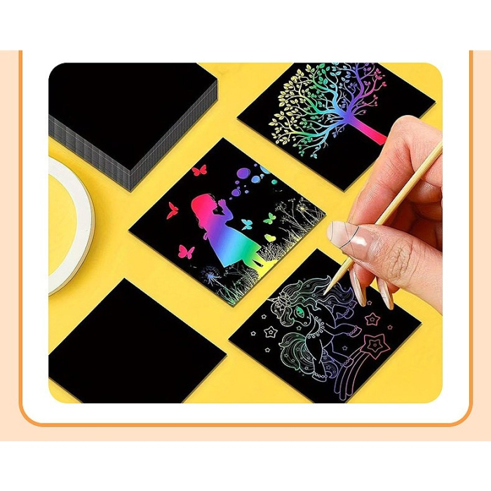 Set 100 de Foi de Hartie de Razuit, Flippy, cu Creion din Bambus, pentru Desen, 8.5 x 8.5, Curcubeu, Negru [4]