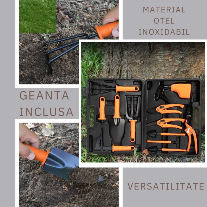 Set 12 accesorii pentru gradinarit Flippy, geanta depozitare inclusa, otel inoxidabil, 37 x 27 cm, portocaliu [3]