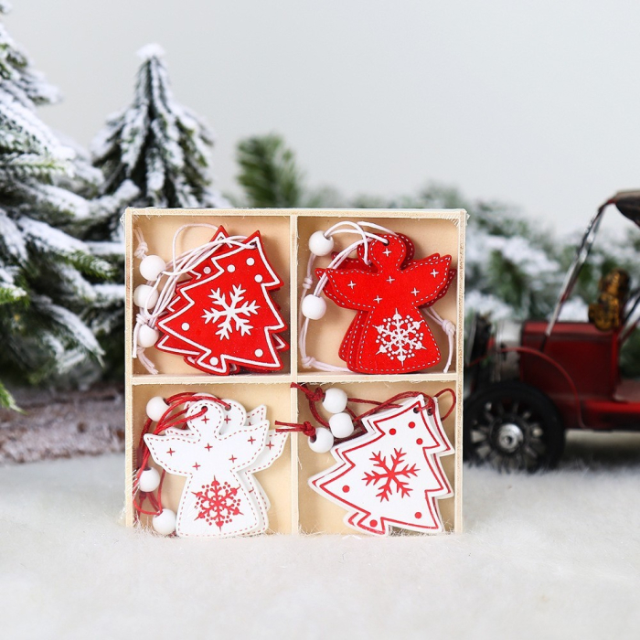 Set 12 Decoratiuni de Craciun din Lemn, Flippy, cu Snur pentru Agatare in Brad, Model Brazi si Ingerasi, Alb-Rosu [4]