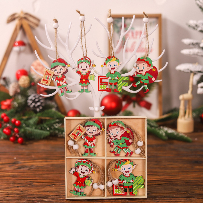Set 12 Decoratiuni de Craciun din Lemn, Flippy, cu Snur pentru Agatare in Brad, Model Elfi Diferite Dimensiuni, 4 Modele, Multicolor [2]