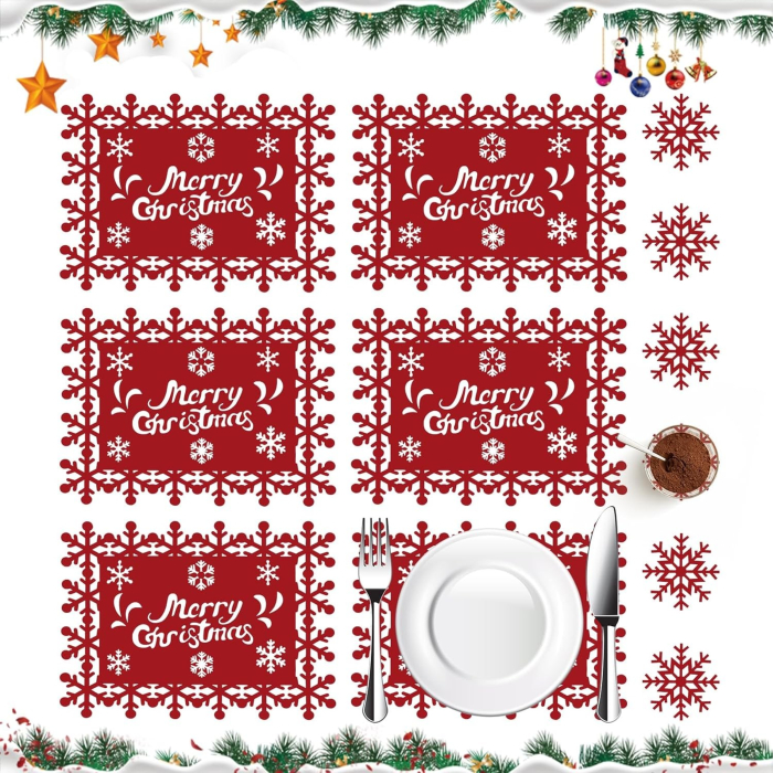Set 12 Servete pentru Masa si Suporturi de Pahare/Tacamuri, Flippy, Scris Merry Christmas, 6 Servete 25x35 cm, 6 Suporturi de 10x10 cm, Rosu [2]
