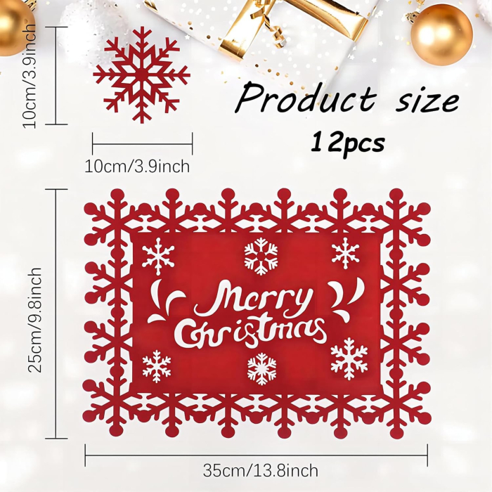 Set 12 Servete pentru Masa si Suporturi de Pahare/Tacamuri, Flippy, Scris Merry Christmas, 6 Servete 25x35 cm, 6 Suporturi de 10x10 cm, Rosu [6]