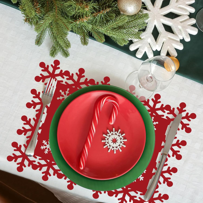 Set 12 Servete pentru Masa si Suporturi de Pahare/Tacamuri, Flippy, Scris Merry Christmas, 6 Servete 25x35 cm, 6 Suporturi de 10x10 cm, Rosu [3]