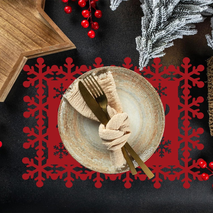 Set 12 Servete pentru Masa si Suporturi de Pahare/Tacamuri, Flippy, Scris Merry Christmas, 6 Servete 25x35 cm, 6 Suporturi de 10x10 cm, Rosu [5]