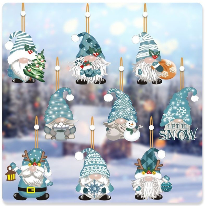 Set 18 Decoratiuni de Craciun din Lemn, Flippy, cu Snur pentru Agatare in Brad, Model Gnomi, Diferite Dimensiuni, Albastru [2]