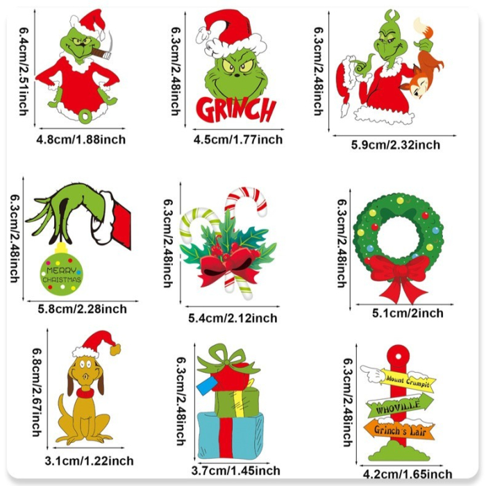 Set 18 Decoratiuni de Craciun din Lemn, Flippy, cu Snur pentru Agatare in Brad, Model Grinch, Diferite Dimensiuni, Multicolor [1]