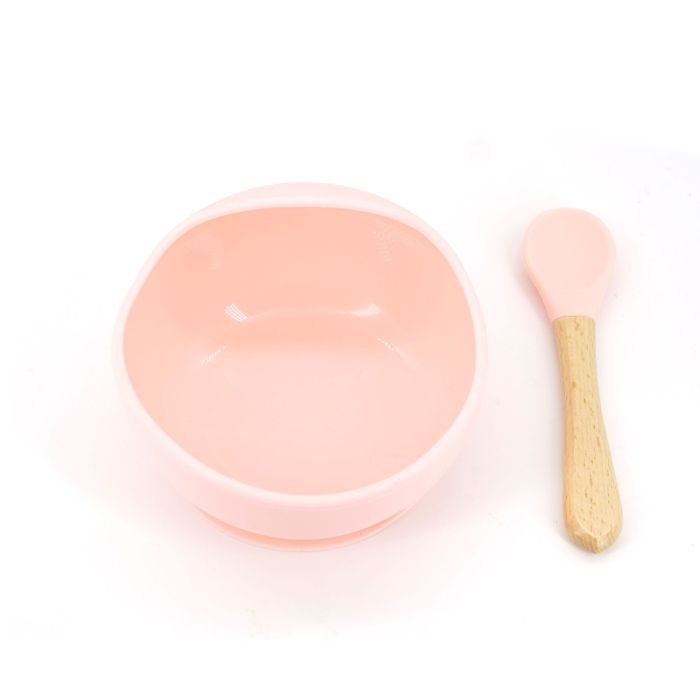 Set 2 piese diversificare bebelusi si copii din silicon Flippy, bol cu ventuza, lingurita din lemn si silicon, pentru gustari, fara alergeni, roz [1]