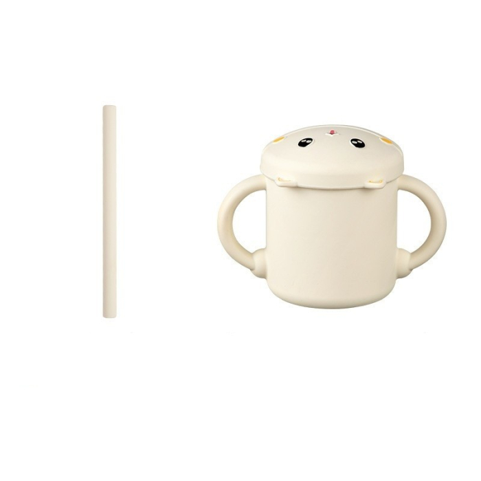 Set 2 Piese Hranire Bebelusi si Copii, Flippy, Cana cu Capac si Pai, din Silicon, fara BPA, de la 12 Luni, Model Pisicuta, 12 x 9.5 x 11 cm, Bej [1]