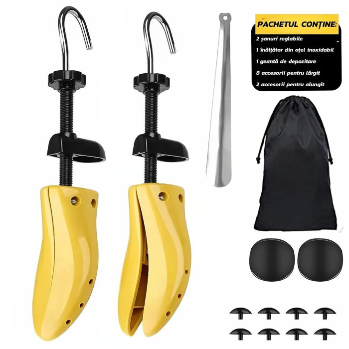Set 2 Sanuri/Calapoade Reglabilile, Flippy, pentru Alungit si Largit Pantofi, Geanta si Incaltator Incluse, Universale, Unisex, din ABS Premium, Arc, Marime 40 - 47, Galben/Negru [2]