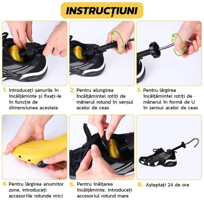 Set 2 Sanuri/Calapoade Reglabilile, Flippy, pentru Alungit si Largit Pantofi, Geanta si Incaltator Incluse, Universale, Unisex, din ABS Premium, Arc, Marime 40 - 47, Galben/Negru [3]