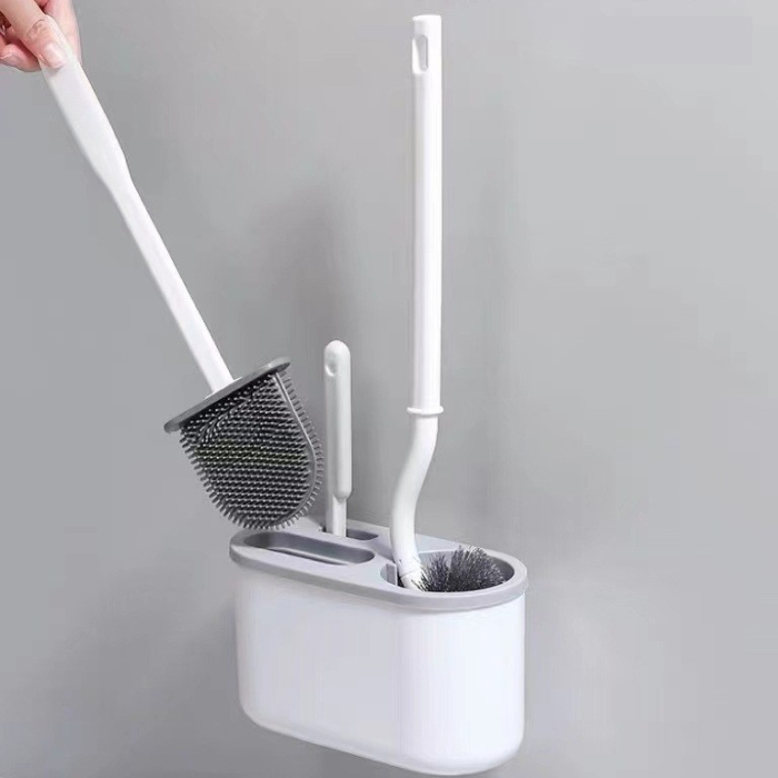 Set 3 Perii pentru Toaleta , din Silicon, Perie Zimtata, Cap Flexibil, Suport Adeziv pentru Montarea pe Perete, 39 x 19 x 9.8 cm, Gri/Alb [2]