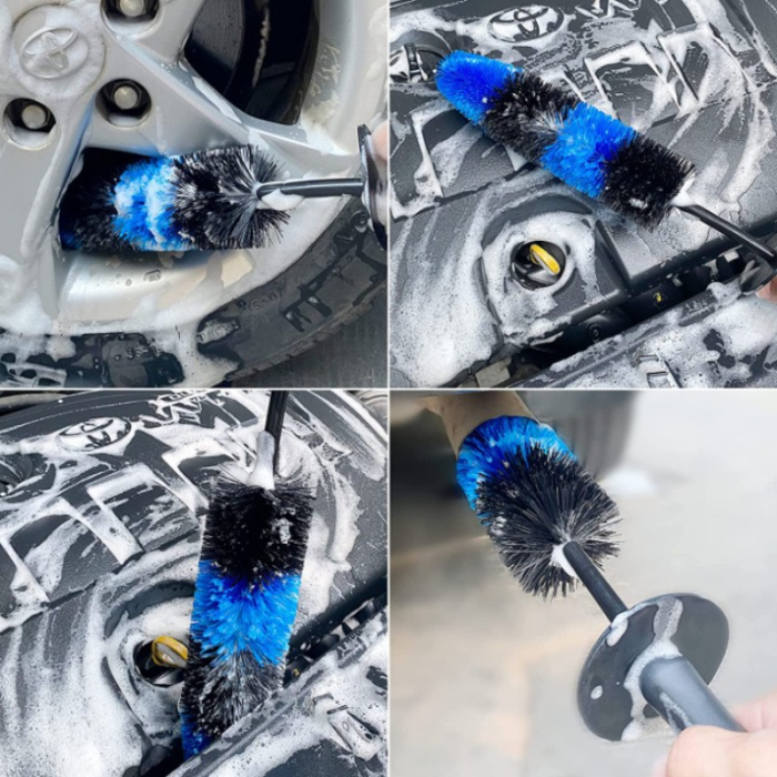 Set 3 Piese pentru Cosmetica Auto, Flippy, din Plastic si Otel, Maner Ergonomic, Perie Butuc, Anvelope, Detalii, Albastru [2]