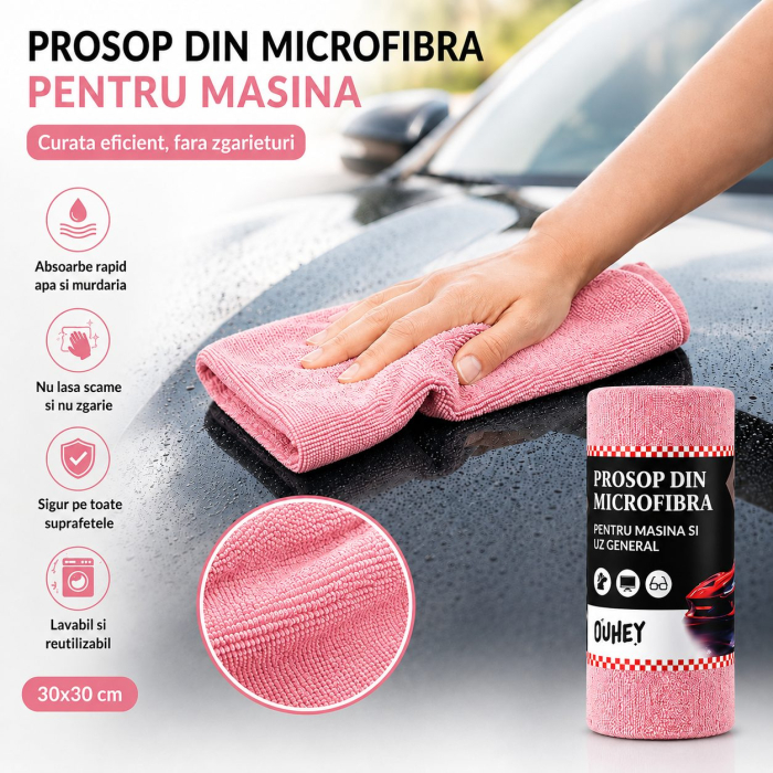Set 30 Lavete din Microfibra, Flippy, pentru Curatare Auto si Suprafete, Absorbante si Reutilizabile, 30 x 30 cm, Roz [4]