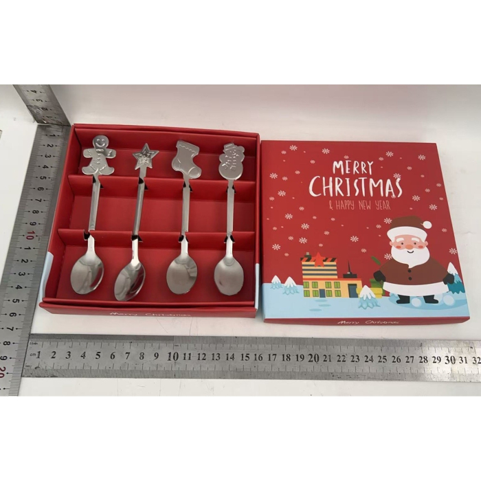 Set 4 Lingurite, Flippy, Tema Craciun, din Otel Inoxidabil, 4 Modele Festive, Cutie Cadou, 14 x 14 x 2.5 cm, Argintiu [9]