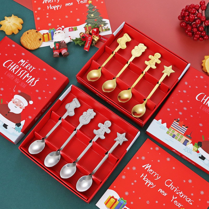 Set 4 Lingurite, Flippy, Tema Craciun, din Otel Inoxidabil, 4 Modele Festive, Cutie Cadou, 14 x 14 x 2.5 cm, Argintiu [8]