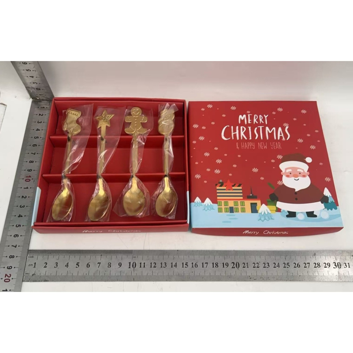 Set 4 Lingurite, Flippy, Tema Craciun, din Otel Inoxidabil, 4 Modele Festive, Cutie Cadou, 14 x 14 x 2.5 cm, Auriu [6]