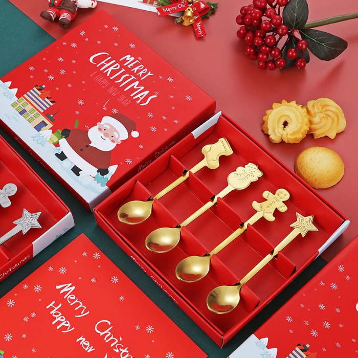 Set 4 Lingurite, Flippy, Tema Craciun, din Otel Inoxidabil, 4 Modele Festive, Cutie Cadou, 14 x 14 x 2.5 cm, Auriu [5]