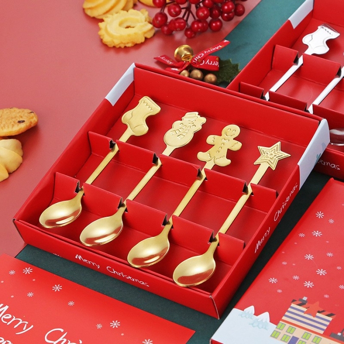 Set 4 Lingurite, Flippy, Tema Craciun, din Otel Inoxidabil, 4 Modele Festive, Cutie Cadou, 14 x 14 x 2.5 cm, Auriu [3]