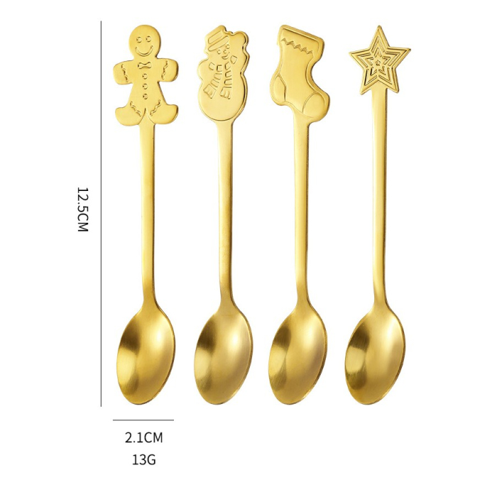 Set 4 Lingurite, Flippy, Tema Craciun, din Otel Inoxidabil, 4 Modele Festive, Cutie Cadou, 14 x 14 x 2.5 cm, Auriu [2]