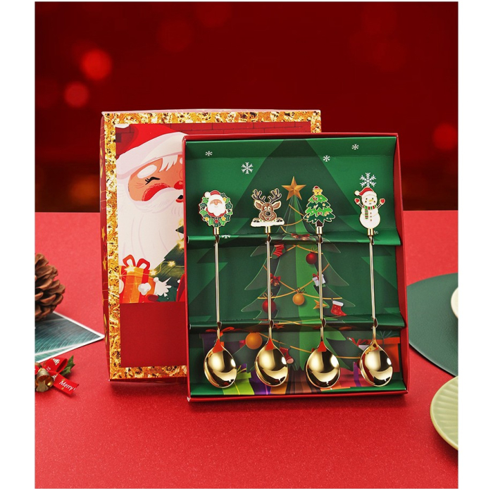 Set 4 Lingurite, Flippy, Tema Craciun, Model Carry The Merry, 4 Modele, din Otel Inoxidabil, 19.5 x 16 x 2 cm, Multicolor [11]