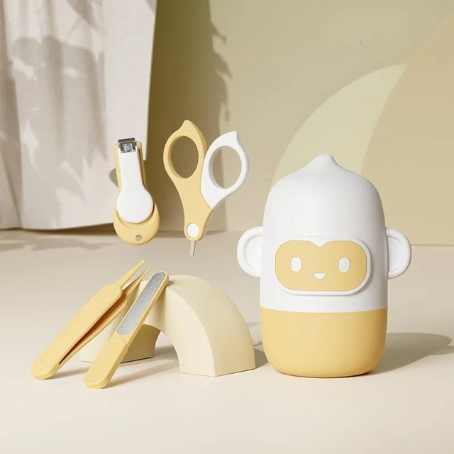 Set 4 Piese Ingrijire Unghii Bebelusi, Flippy, din ABS+Otel Inoxidabil, Cutie de Depozitare Tip Maimuta, de la 0 Luni, Galben [3]