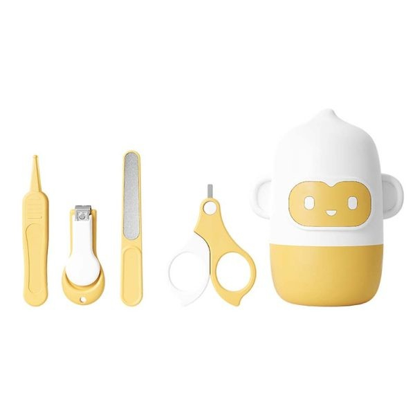 Set 4 Piese Ingrijire Unghii Bebelusi, Flippy, din ABS+Otel Inoxidabil, Cutie de Depozitare Tip Maimuta, de la 0 Luni, Galben [1]