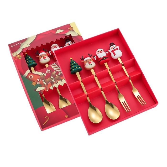 Set 4 Tacamuri, Flippy, Tema Craciun, 2 Linguri + 2 Furculite, cu Figurine, din Otel Inoxidabil, Cutie Cadou, 19 x 15 x 2.2 cm, Auriu [5]