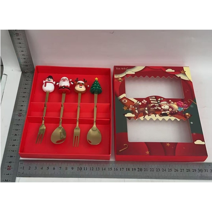 Set 4 Tacamuri, Flippy, Tema Craciun, 2 Linguri + 2 Furculite, cu Figurine, din Otel Inoxidabil, Cutie Cadou, 19 x 15 x 2.2 cm, Auriu [6]