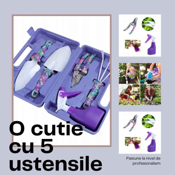 Set 5 accesorii pentru gradinarit Flippy, geanta depozitare inclusa, otel inoxidabil, 38 x 29 cm, mov [2]