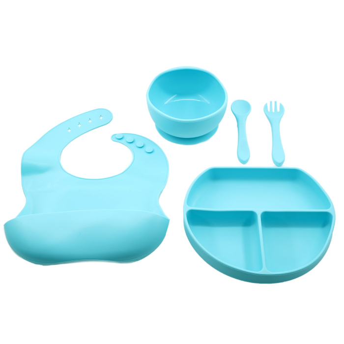 Set 5 piese diversificare bebelusi si copii din silicon Flippy, baveta, farfurie compartimentata cu ventuza, bol cu ventuza, tacamuri, fara alergeni, albastru [1]