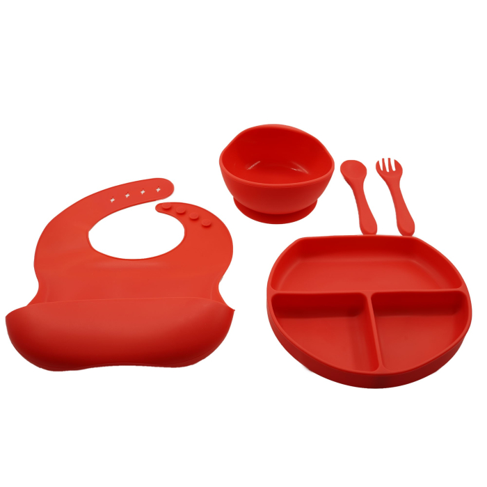 Set 5 piese diversificare bebelusi si copii din silicon Flippy, baveta, farfurie compartimentata cu ventuza, bol cu ventuza, tacamuri, fara alergeni, rosu [1]