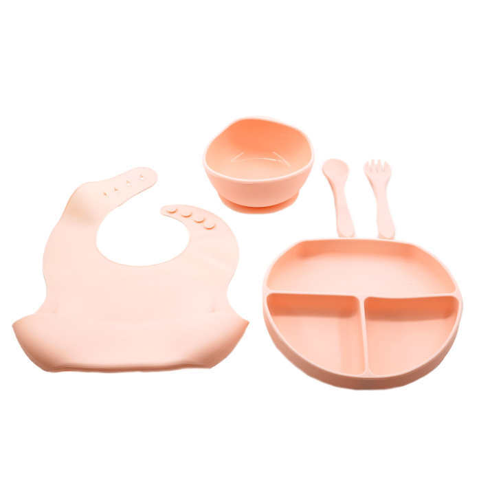 Set 5 piese diversificare bebelusi si copii din silicon Flippy, baveta, farfurie compartimentata cu ventuza, bol cu ventuza, tacamuri, fara alergeni, roz [1]