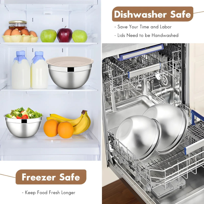 Set 6 Boluri pentru Mixare si Depozitare, Flippy, Inox Premium, Capace Ermetice, 3 Accesorii Razuire si Feliere, Interior Gradat, Design Nestable, Argintiu [8]